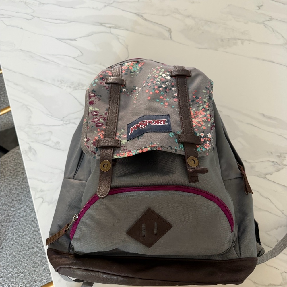 JanSport Gray Backpack with Floral and Brown Accents